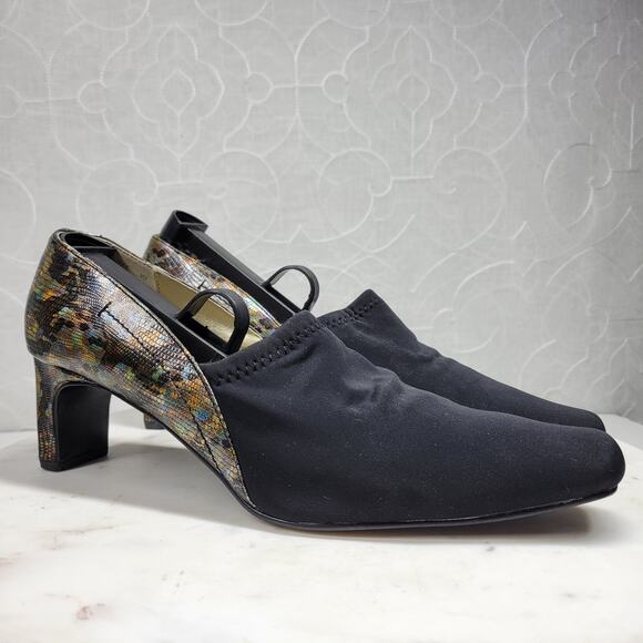 VTG Carriage Court Coco Heels Womens 7.5 Wide Black Reptile Leather Square Toe - Picture 5 of 15